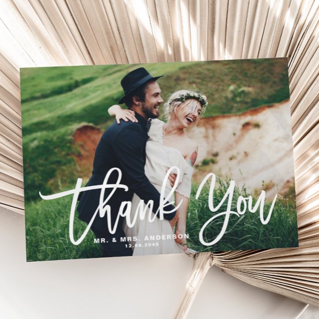 White Hand Lettering Modern Photo Wedding Thank You Card (Creator Uploaded)