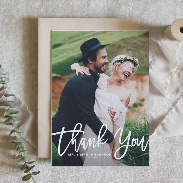 White Hand Lettering Photo Wedding Thank You Postcard (Creator Uploaded)