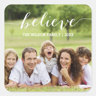 White Handwriting Believe | Holiday Photo Sticker