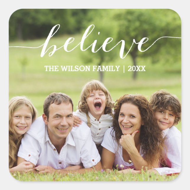 White Handwriting Believe | Holiday Photo Sticker (Front)