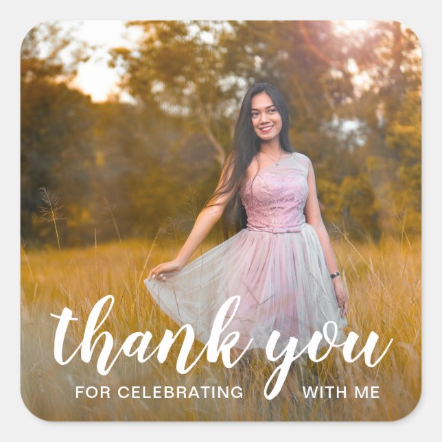 White Handwriting Thank You Photo Graduation Square Sticker (Front)