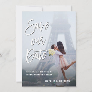 White Handwritten Script  Save Our Date Photo Card