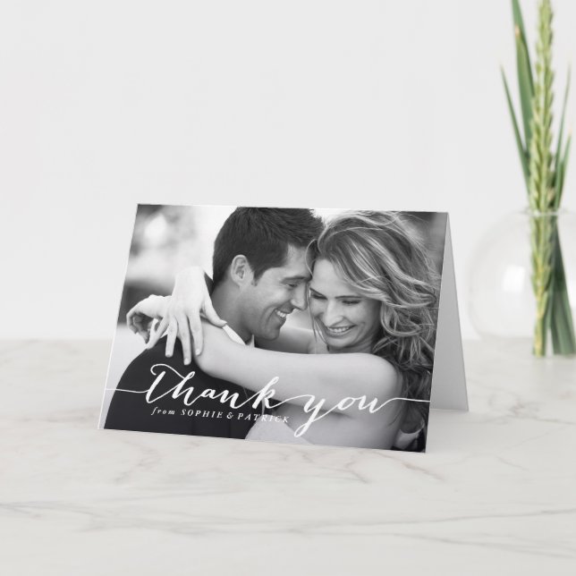 White Handwritten Script Wedding Thank You Card (Front)