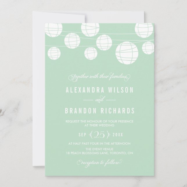 White Hanging Lanterns Mint Wedding Invitation (Front)