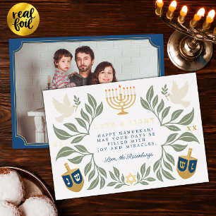 White Hanukkah Jewish Dove Photo Foil Holiday Card
