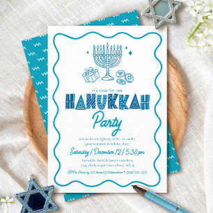 White Hanukkah Turquoise Typography Doodle Party Invitation