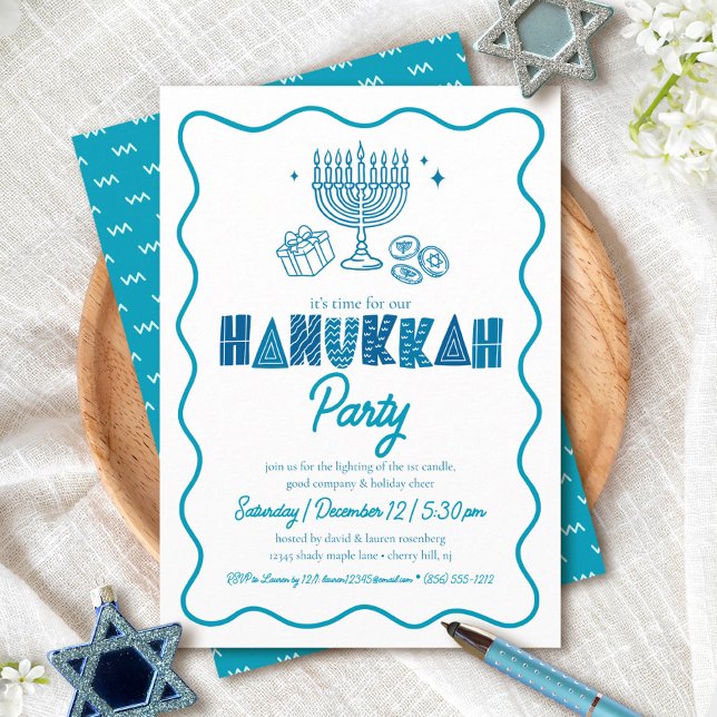 White Hanukkah Turquoise Typography Doodle Party Invitation (Creator Uploaded)