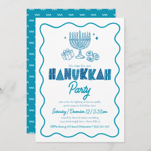 White Hanukkah Turquoise Typography Doodle Party Invitation