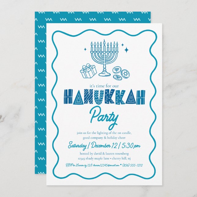White Hanukkah Turquoise Typography Doodle Party Invitation (Front/Back)