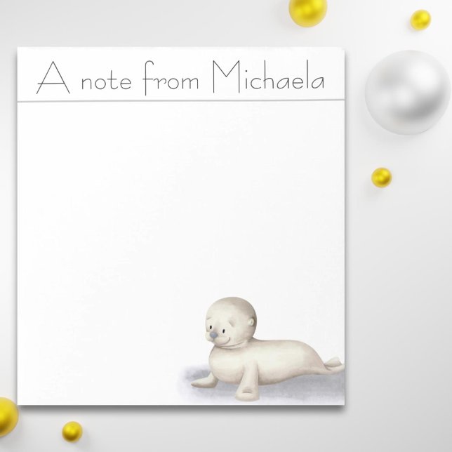 White happy baby seal illustrated personalized notepad (Creator Uploaded)