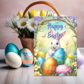 White Happy Easter Bunny with Colourful Eggs Holiday Card