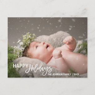 White Happy Holidays Baby First add PHOTO Holiday Postcard