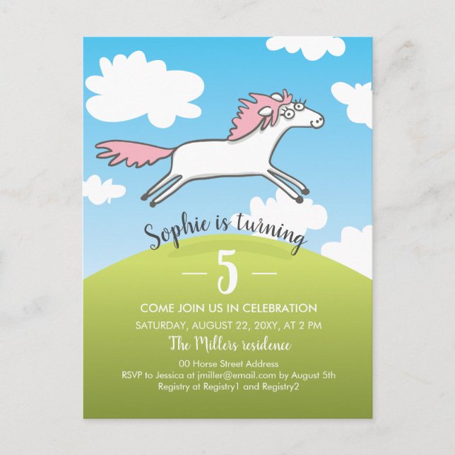 White Happy Horse Hand Drawn Girl 5th Birthday Invitation Postcard (Front)