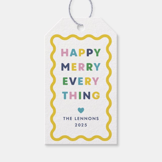 White Happy Merry Wavy Christmas Gift Tag (Front)