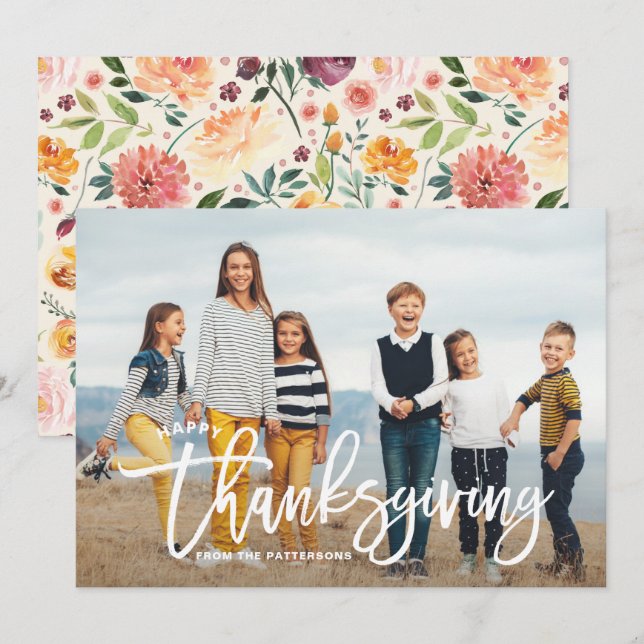 White Happy Thanksgiving Hand Lettering Photo Holiday Card (Front/Back)