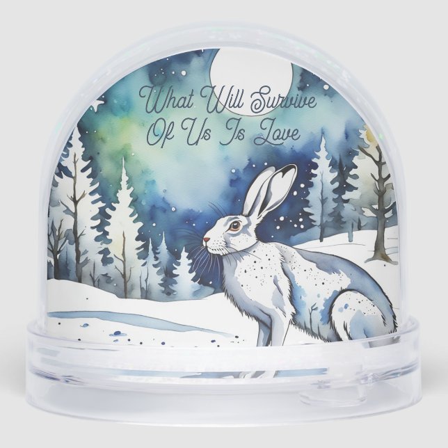 White Hare in the snow and pine trees, I Love You  Snowglobe (Back)