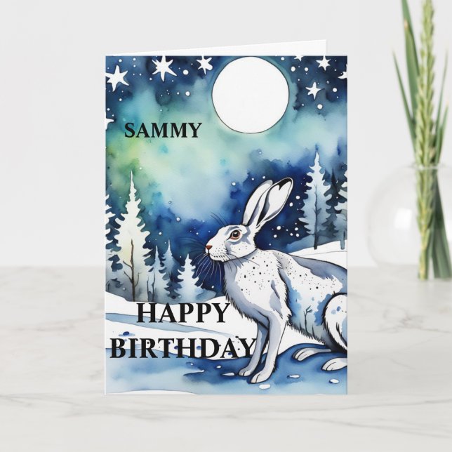 White Hare moongazing Birthday Card (editable) (Front)