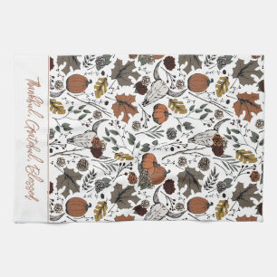 White Harvest and Horns Thankful Grateful Blessed Tea Towel