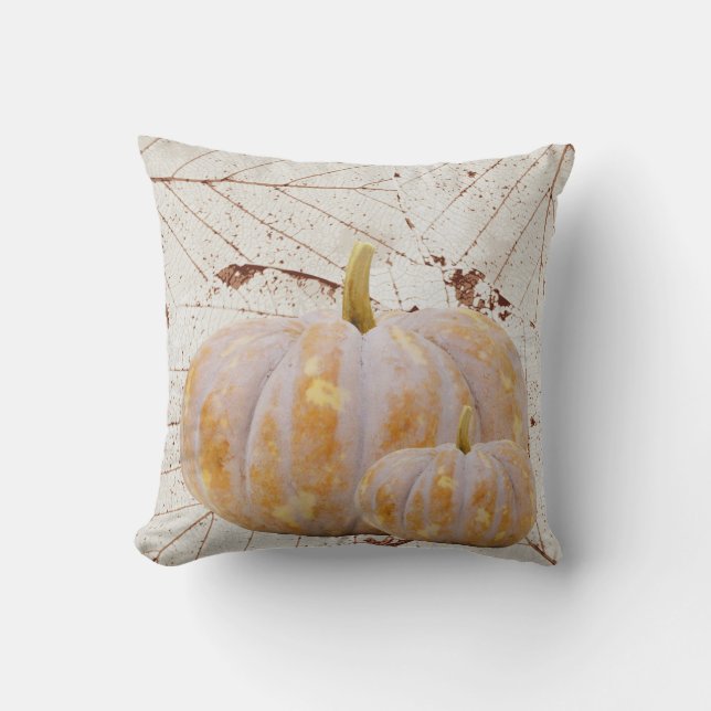 White Harvest Leaves and Pumpkins Happy Fall Cushion (Front)