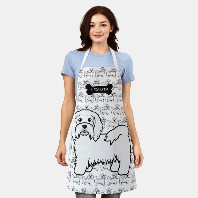 White Havanese Cartoon Dog Illustration & Name Apron (Worn)