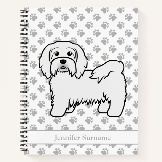 White Havanese Cartoon Dog Illustration & Name Notebook (Front)
