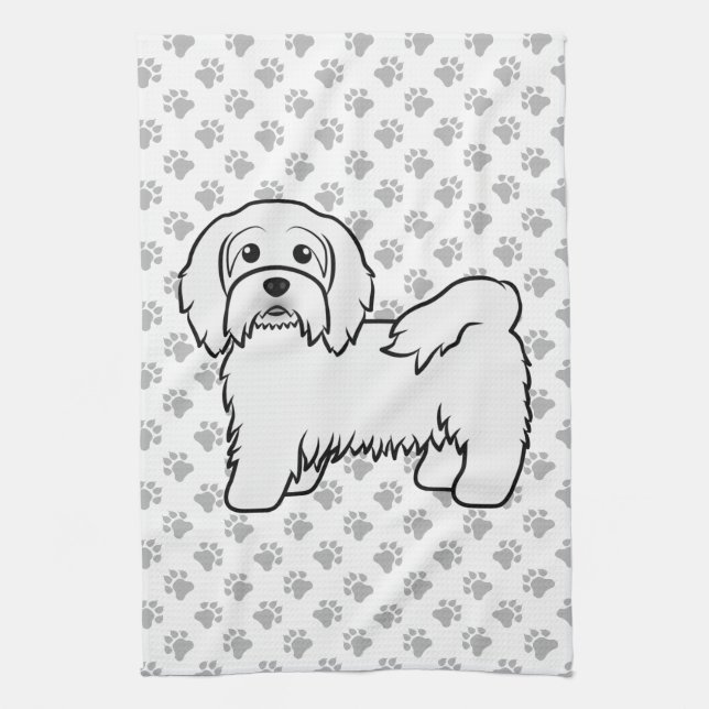 White Havanese Cute Cartoon Dog Illustration Tea Towel (Vertical)