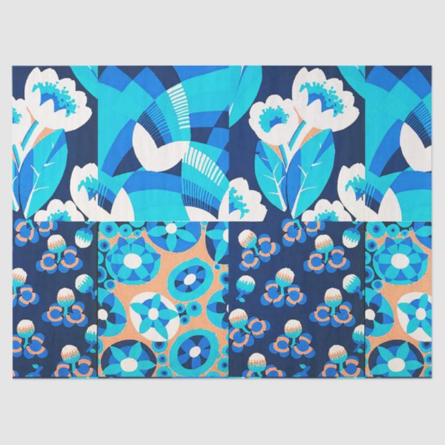 WHITE HAWAII BLUE FLOWERS BOLD FLORAL PATCHWORK TISSUE PAPER (Front)