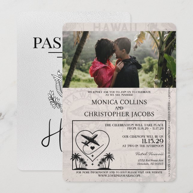White Hawaii Passport Wedding Invitation (Front/Back)