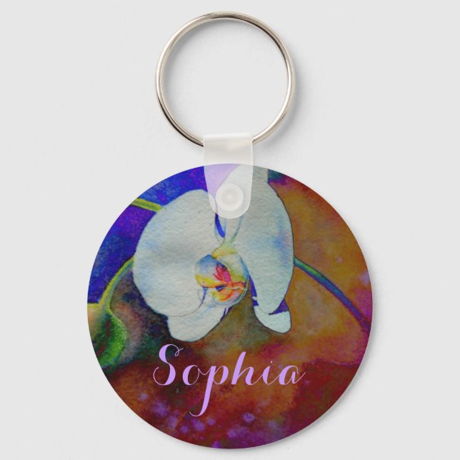 White Hawaiian orchid watercolor painting Key Ring (Front)