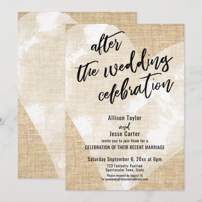 White Heart Burlap After the Wedding Celebration Invitation (Front/Back)