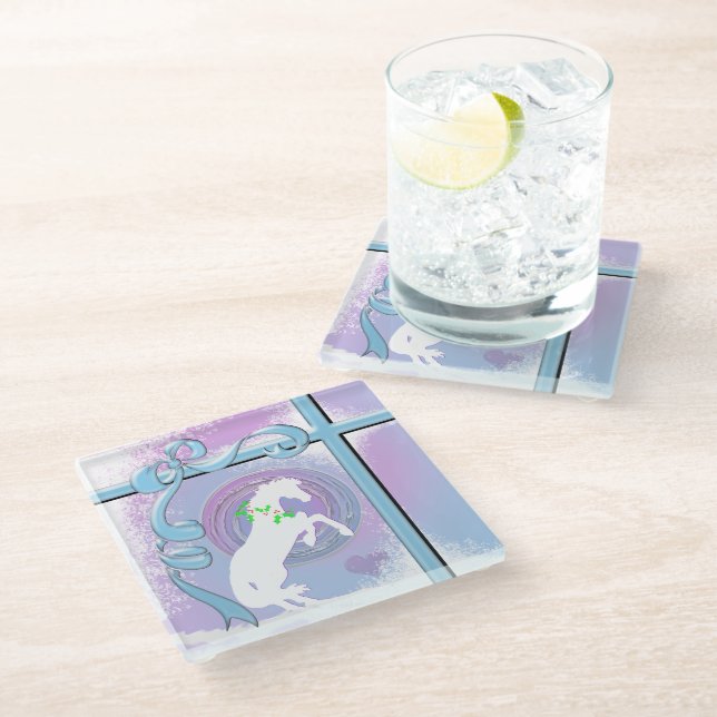 White Heart Horses V Holiday (Pink/Lav Swirl/Wind) Glass Coaster (Angled)