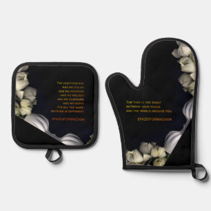 "White heart in black from moon" & Indifference Oven Mitt & Pot Holder Set