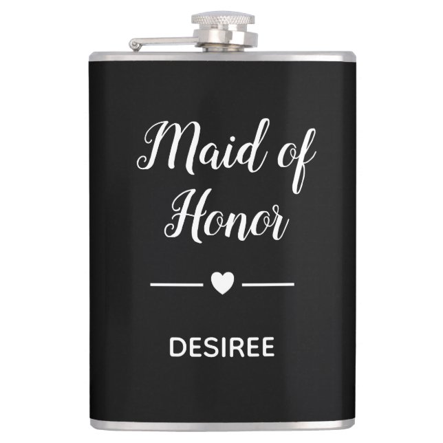White Heart On Black Maid of Honour Hip Flask (Front)