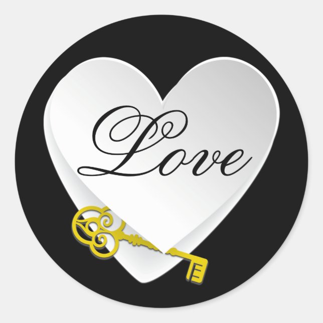 White Heart on Black with Gold Key & Love Wedding Classic Round Sticker (Front)