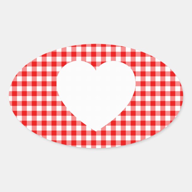 White Heart on Red Gingham Oval Sticker (Front)
