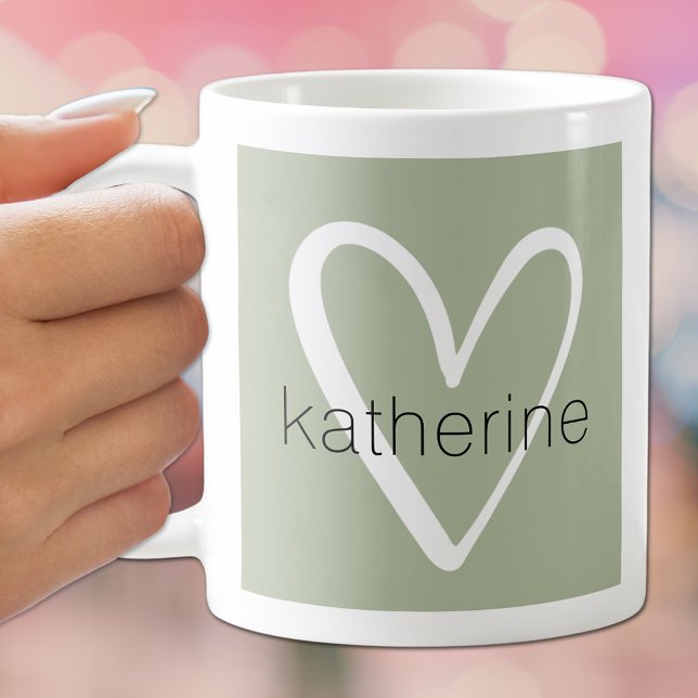White Heart on Sage Green Monogram Coffee Mug (Creator Uploaded)