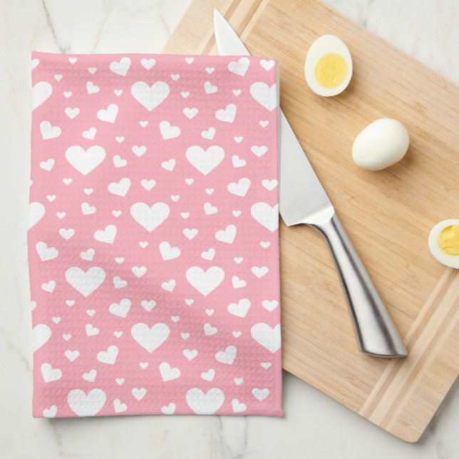 White Heart Pattern On Pink Tea Towel (Quarter Fold)