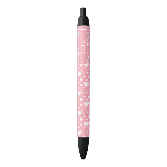 White Heart Pattern On Pink With Custom Name Black Ink Pen (Front Vertical)