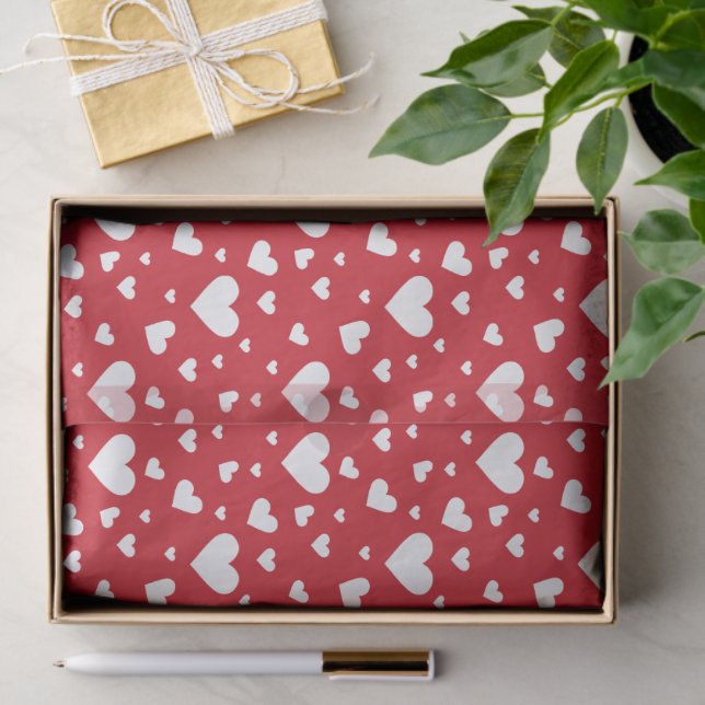 White Heart Pattern On Red - Valentine's Day Tissue Paper (Gift)