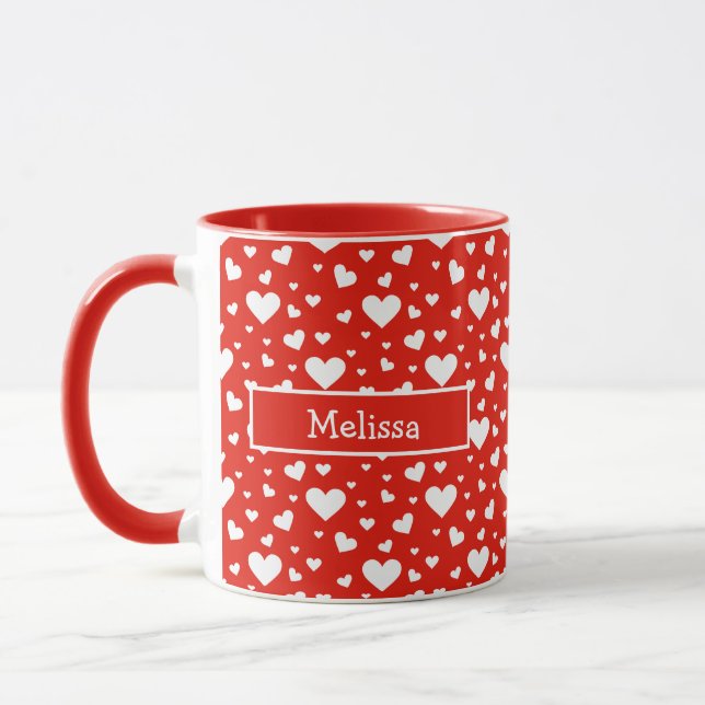 White Heart Pattern On Red With Custom Name Mug (Left)