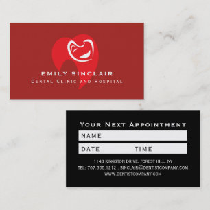 White Hearted Tooth Logo, Dentist Appointment Business Card