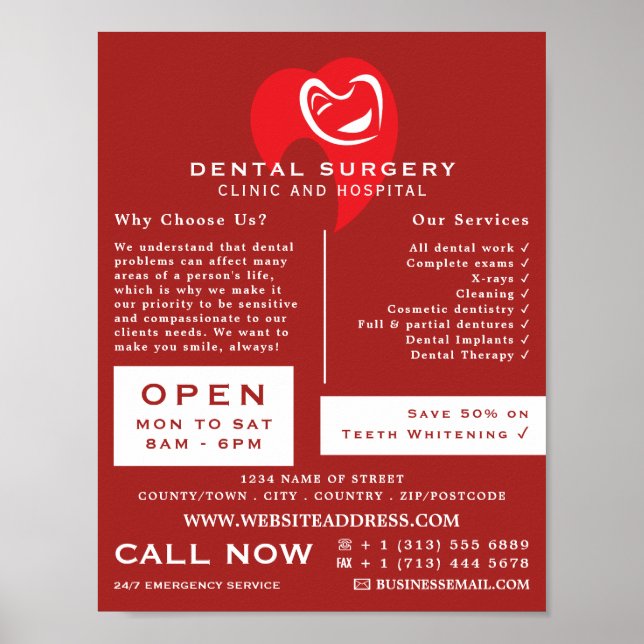 White Hearted Tooth Logo Dentistry, Dentist Advert Poster (Front)