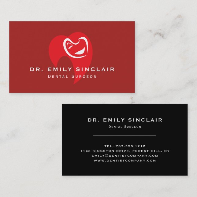 White Hearted Tooth Logo, Dentistry, Dentist Business Card (Front/Back)