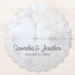 White Hearts and Peony Flowers Wedding Paper Coaster