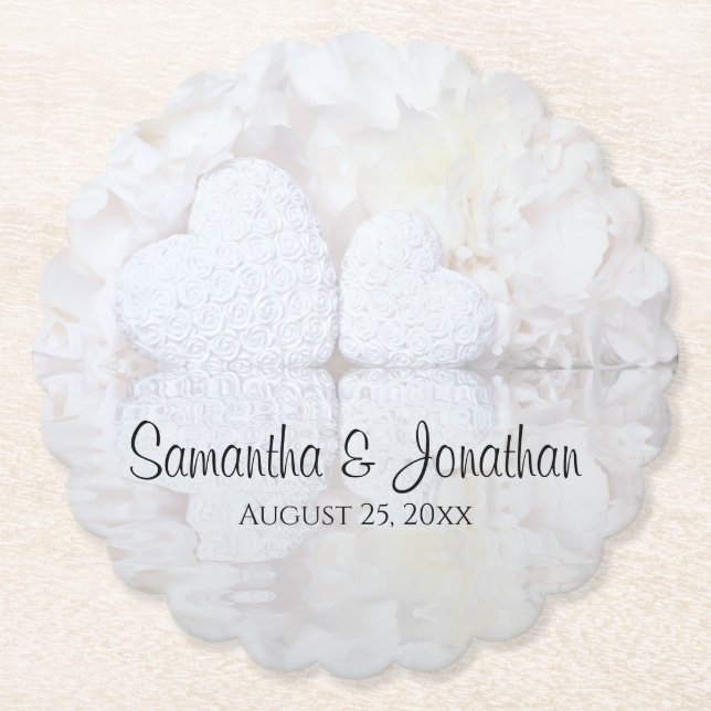 White Hearts and Peony Flowers Wedding Paper Coaster (Front)