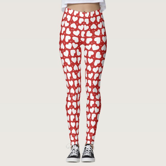 White Hearts and Polka Dots On Red Leggings (Front)