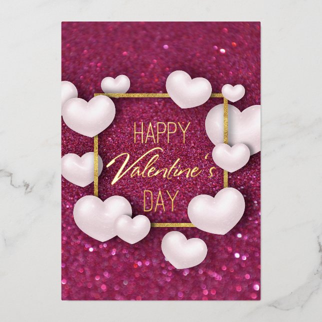 White Hearts Burgundy Glitter Valentine's Day Foil Holiday Card (Front)
