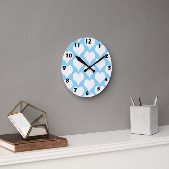 White Hearts Design Round Clock (Office)