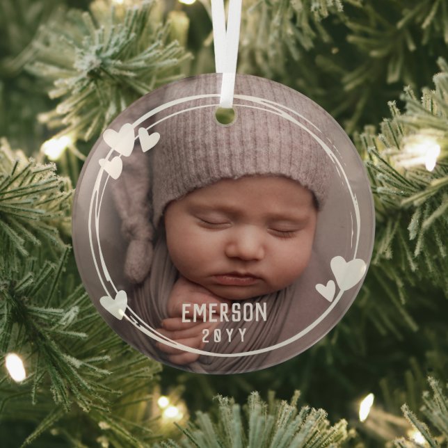 White Hearts Frame Baby Photo Add Name & Year Glass Tree Decoration (Insitu)