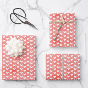 White Hearts on Bright Red Linen Wrapping Paper Sheet